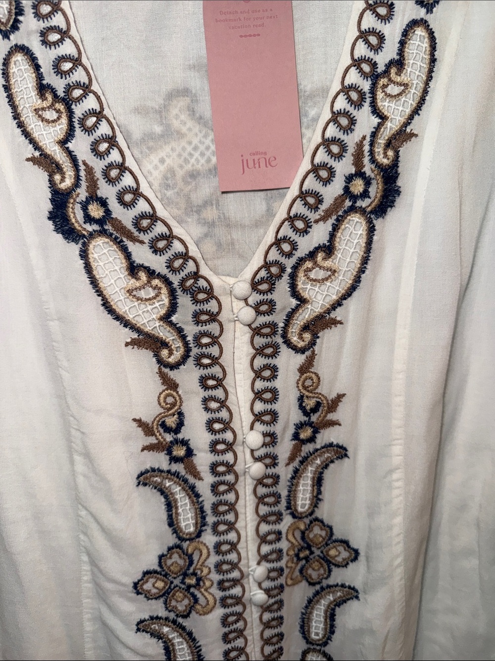 Embroidered White Maxi Dress with Navy & Tan Accents by J. Crew - Picture 2 of 10